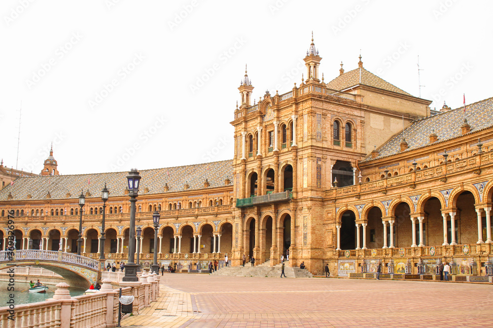 Spain, Seville. Spain Square, a landmark example of the Renaissance Revival style in Spanish architecture of the last century