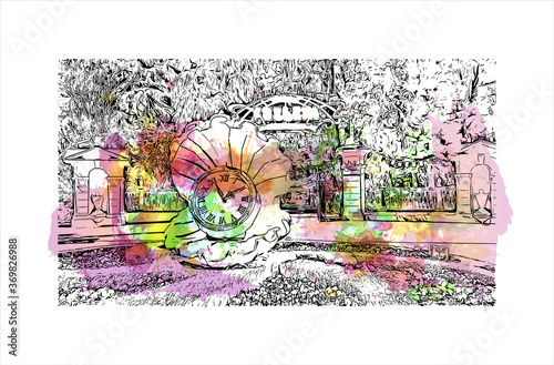 Building view with landmark of Sochi, a Russian city on the Black Sea, is known as a summer beach resort. Watercolor splash with hand drawn sketch illustration in vector.