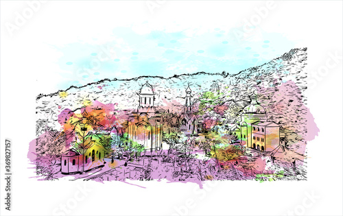 Building view with landmark of Sochi, a Russian city on the Black Sea, is known as a summer beach resort. Watercolor splash with hand drawn sketch illustration in vector.