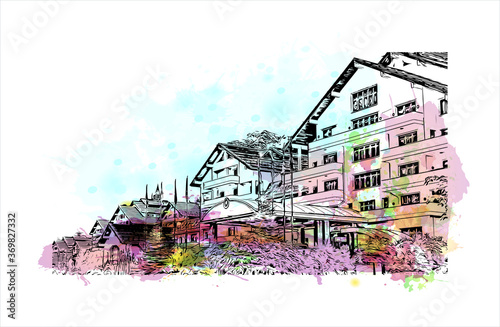 Building view with landmark of Sochi, a Russian city on the Black Sea, is known as a summer beach resort. Watercolor splash with hand drawn sketch illustration in vector.