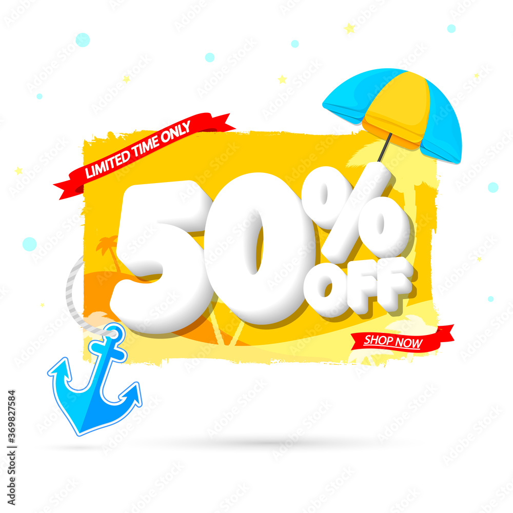 Summer Sale 50% off, banner design template, discount tag, app icon, vector illustration