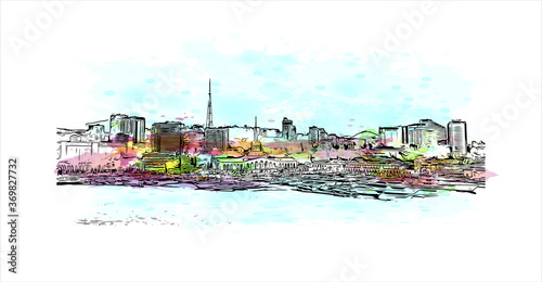 Building view with landmark of Sochi, a Russian city on the Black Sea, is known as a summer beach resort. Watercolor splash with hand drawn sketch illustration in vector.