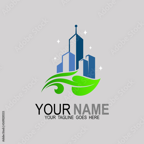 Green leaf with blue city buildings silhouette, Abstract design concept for ecology theme, real estate agency, urban landscape, City life