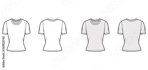 Crew neck jersey t-shirt technical fashion illustration with short sleeves, close-fitting shape. Flat sweater apparel template front, back white grey color. Women, men, unisex outfit top CAD mockup
