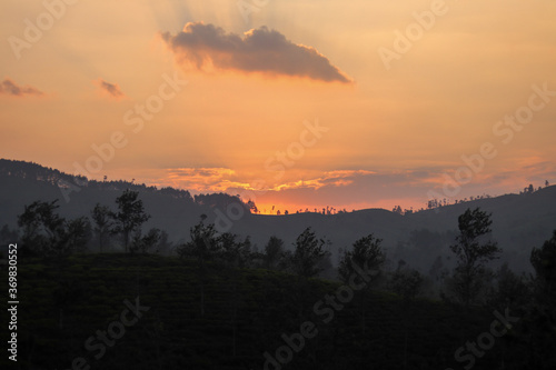 the atmosphere of the sunset behind the hills of the tea plantations.