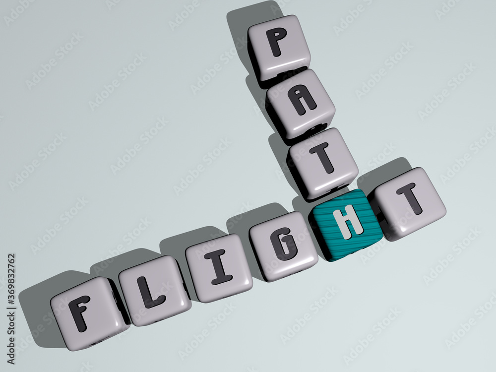 crosswords of FLIGHT PATH arranged by cubic letters on a mirror floor