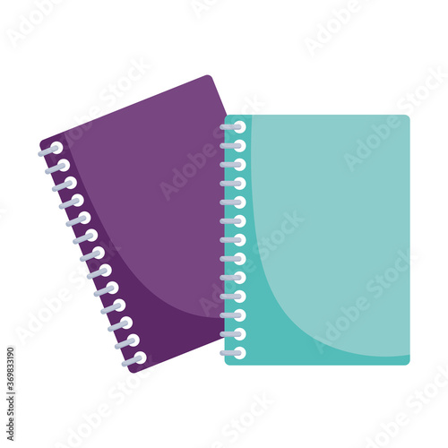back to school, purple and green notebooks supplies elementary education cartoon