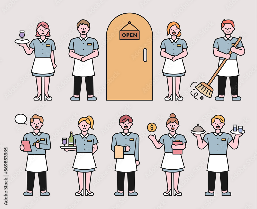 Waiter and waitress characters in uniform. flat design style minimal vector illustration. Waiter and waitress characters in uniform. flat design style minimal vector illustration.