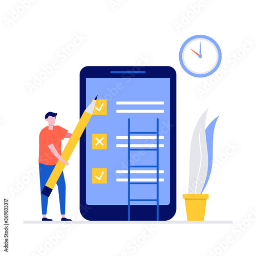 Time management and organization vector illustration concept with characters. Man using mobile for planning. Modern flat style for landing page, mobile app, web banner, infographics, hero images