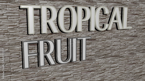 3D illustration of tropical fruit graphics and text made by metallic dice letters for the related meanings of the concept and presentations. background and beach