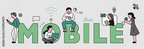 Large mobile characters and small, cute people using mobile around them. flat design style minimal vector illustration.