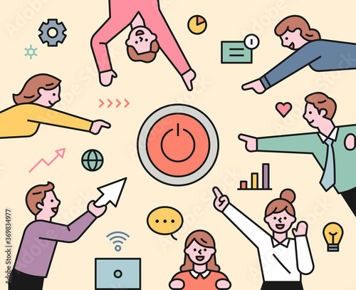 Business team members are pointing the power button in the middle. flat design style minimal vector illustration.