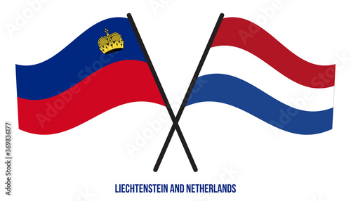 Liechtenstein and Netherlands Flags Crossed Flat Style. Official Proportion. Correct Colors