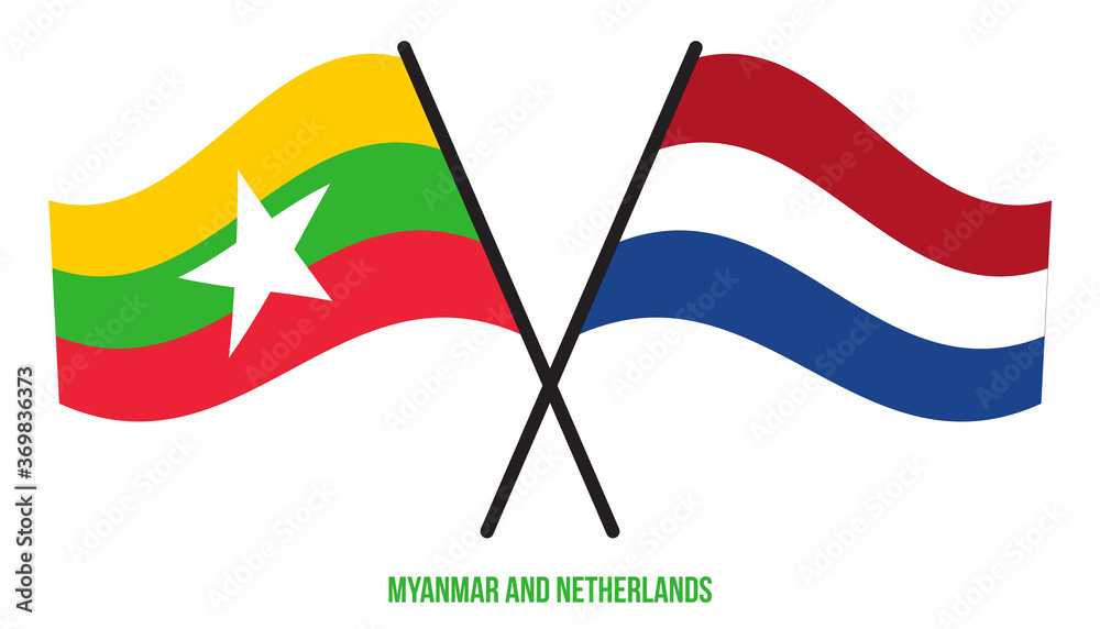 Myanmar and Netherlands Flags Crossed And Waving Flat Style. Official Proportion. Correct Colors. Myanmar and Netherlands Flags Crossed And Waving Flat Style. Official Proportion. Correct Colors.