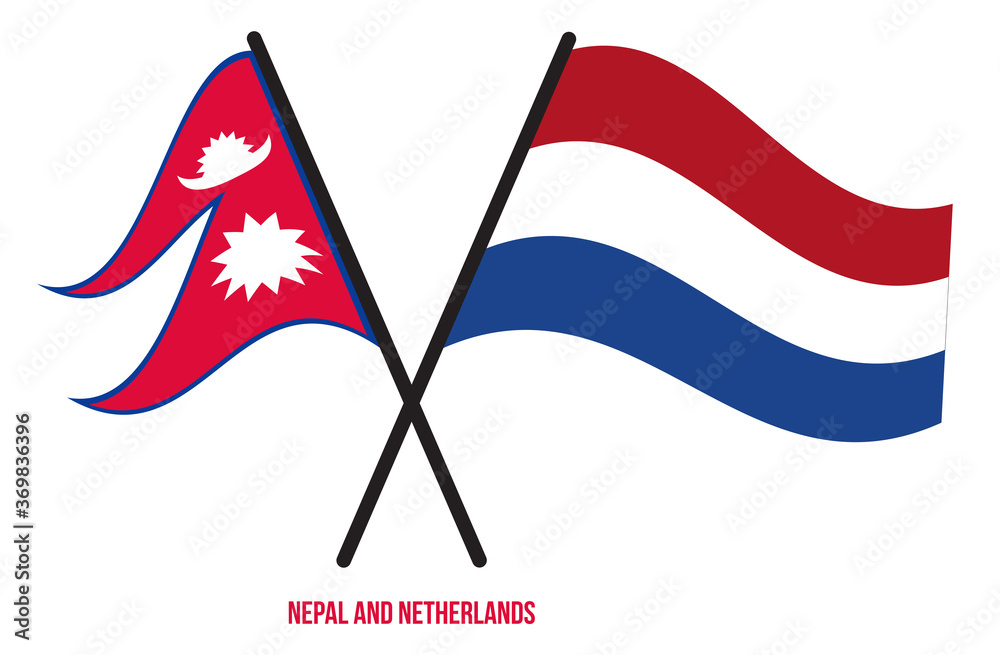 Nepal and Netherlands Flags Crossed And Waving Flat Style. Official Proportion. Correct Colors.