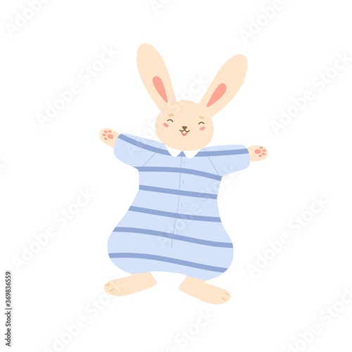 Smiling funny rabbit in striped overalls vector flat illustration. Happy bunny wearing cute pajamas isolated on white. Joyful childish animal in clothes having positive emotion