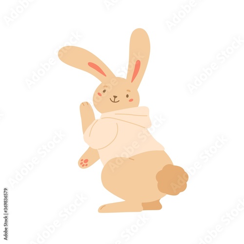 Funny rabbit in hoodie dancing demonstrate fluffy tail vector flat illustration. Cute bunny in clothes smiling having fun isolated on white. Adorable joyful animal with long ears