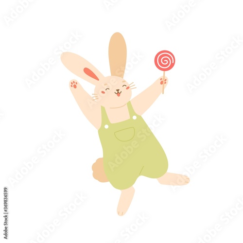 Joyful rabbit jumping holding lollipop vector flat illustration. Happy bunny ...