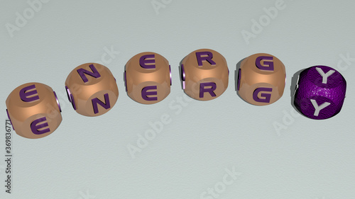 crosswords of ENERGY arranged by cubic letters on a mirror floor, concept meaning and presentation. background and illustration