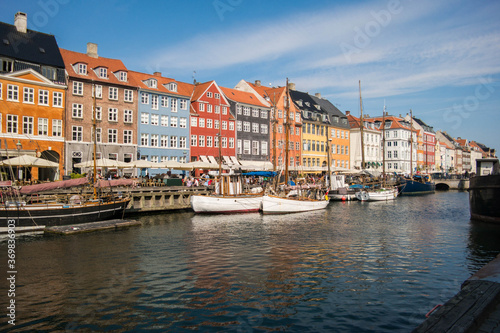 Buildings and the canal of Nyhavn district in Copenhagen  Denmark  panoramic view of Nyhavn