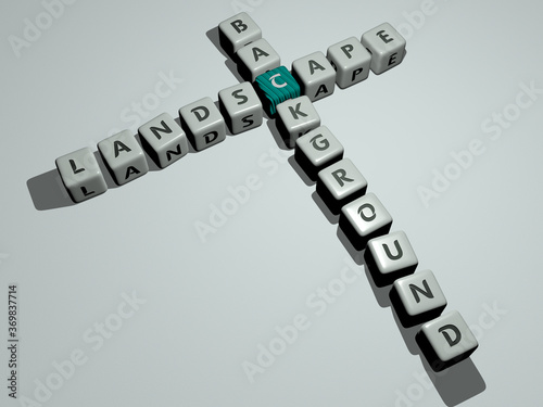 crosswords of landscape background arranged by cubic letters on a mirror floor, concept meaning and presentation. beautiful and blue
