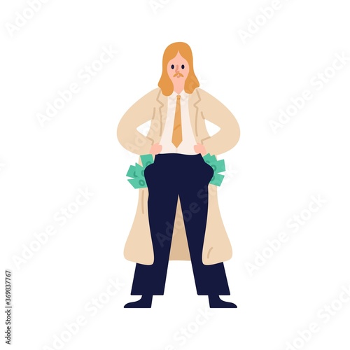 Business male in suit stand with full of money pockets vector flat illustrati...