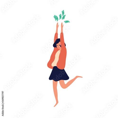 Rich girl tossing up cash banknotes enjoy wealth vector flat illustration. Joyful woman careless spending money demonstrate richness or finance success isolated. Female celebrating lottery win