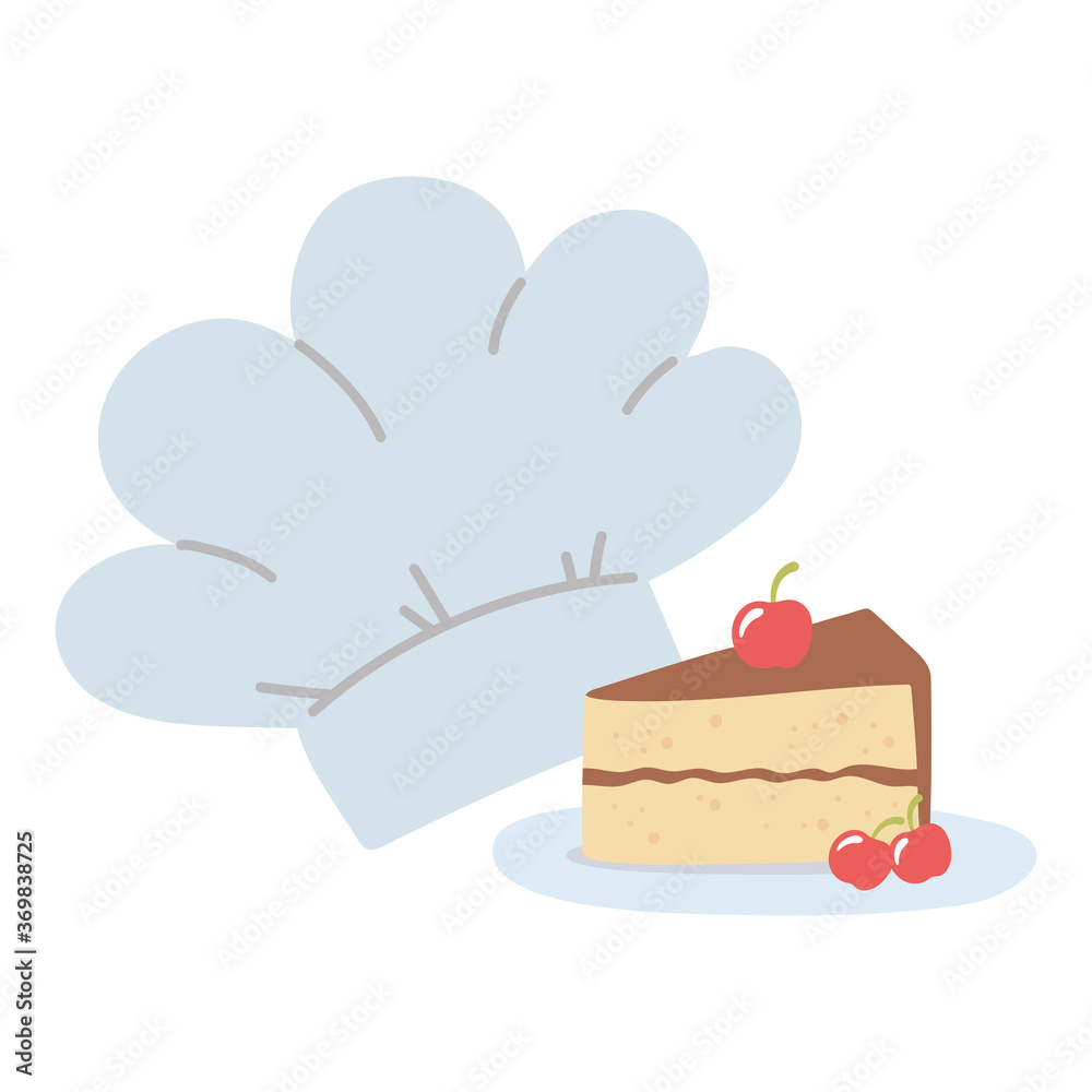 chef hat and slice cake with fruits isolated icon design white background chef hat and slice cake with fruits isolated icon design white background