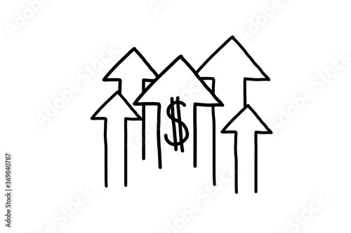 dollar money sign symbol with doodle hand drawn style. rate increase icon with stretching arrow up. rising prices. investment growth vector illustration
