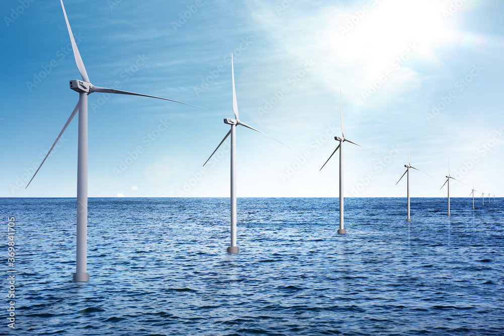 Floating wind turbines installed in sea. Alternative energy source Floating wind turbines installed in sea. Alternative energy source