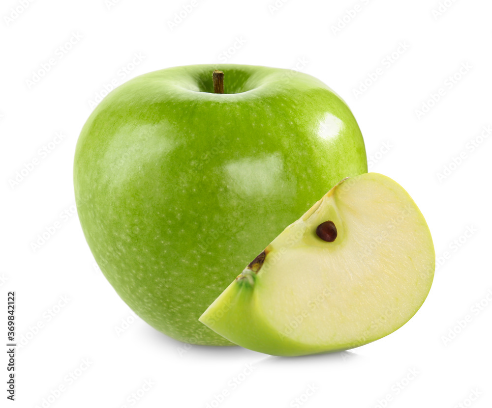 Cut and whole green apples on white background Cut and whole green apples on white background