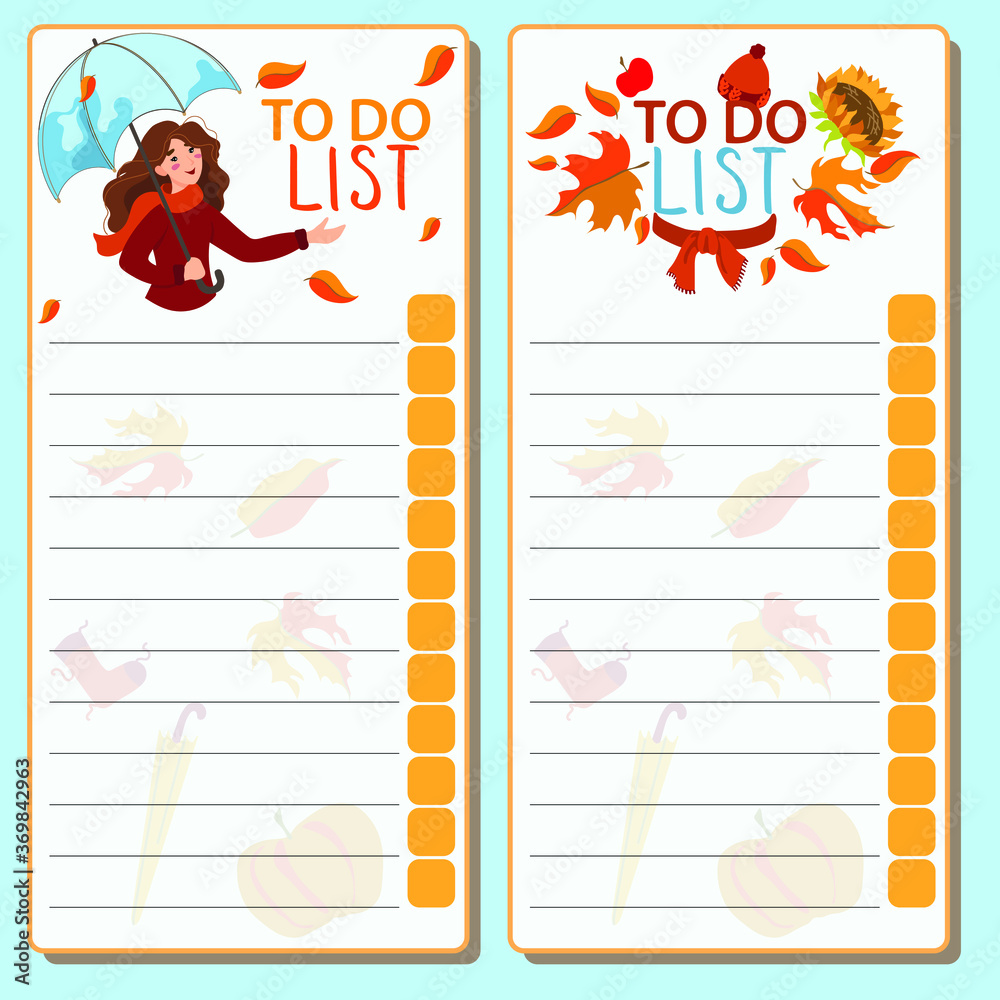 Vector weekly planner with cute 
girl and elements. 
Autumn schedule, Half flower, 
umbrella, hat, scarf, leaves in cartoon style. To do list. Kids design elements. Schedule design template