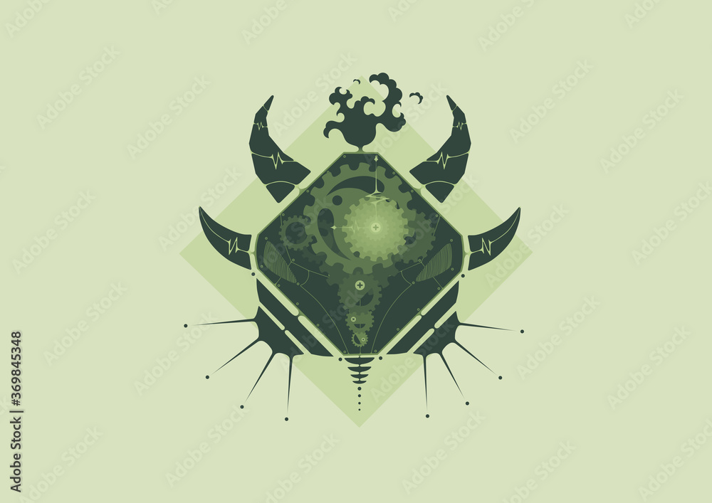Fototapeta premium Illustration of octagon bison face in geometric steampunk style. ( Monochrome : Green)
