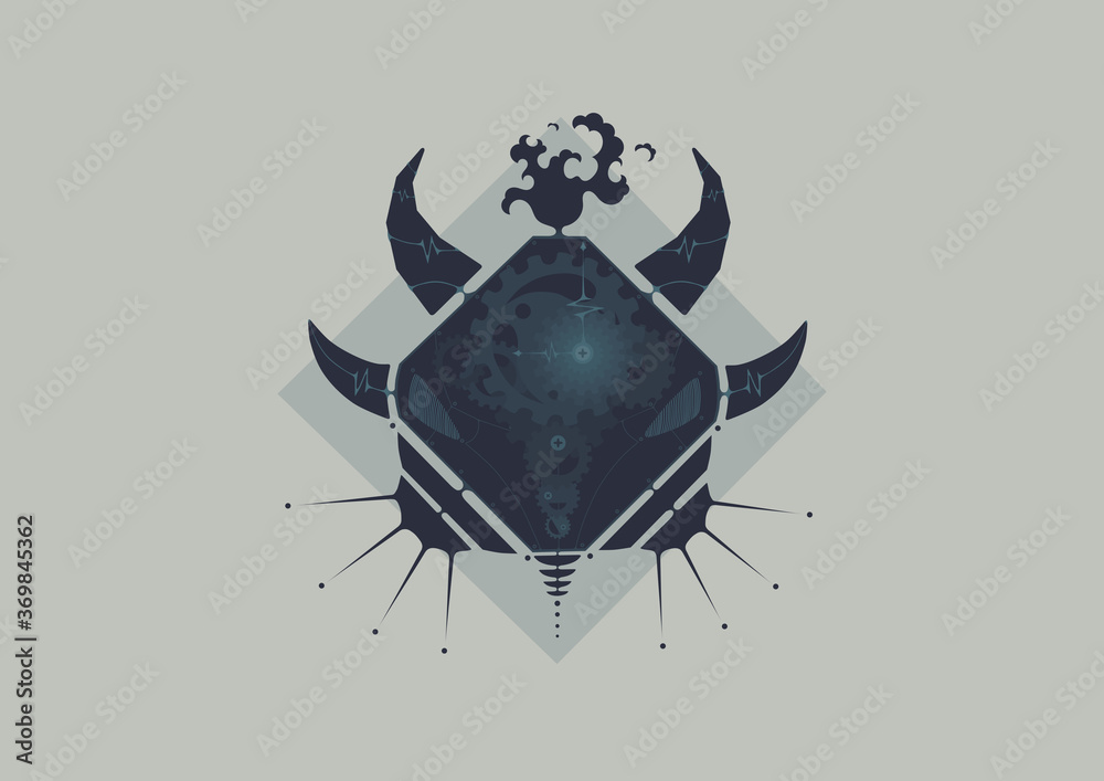 Fototapeta premium Illustration of octagon bison face in geometric steampunk style. ( Monochrome : Blue)