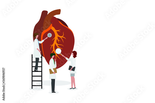 A team of doctors checkup the 
heart. People examine the organ and make a diagnosis. Design for web banner on white background. Healthy 
heart vector illustration concept.