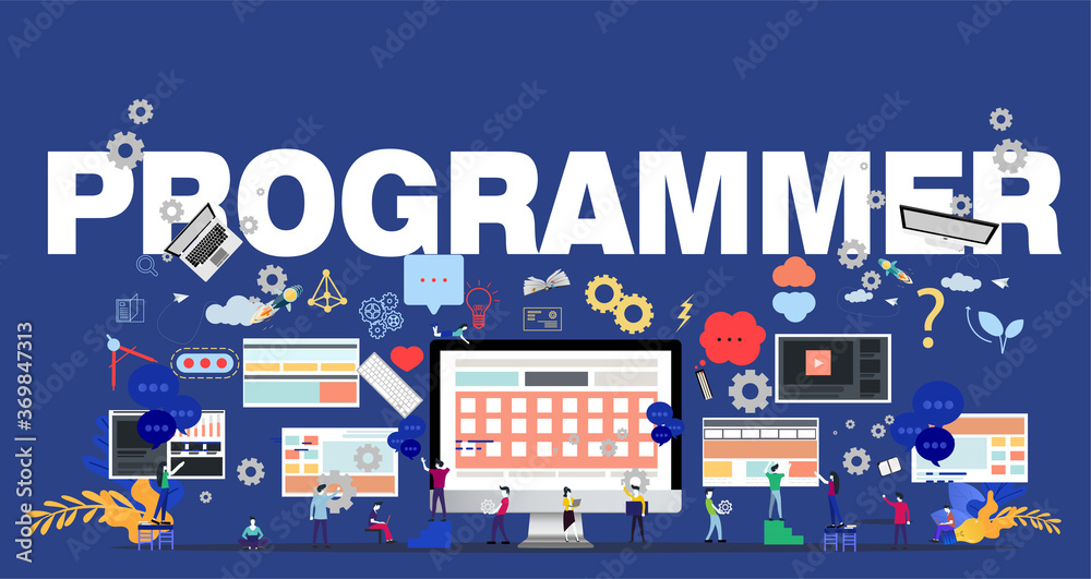 Man and woman think analyze creative work with PROGRAMMER Text, flat design illustration Creativity modern Idea and Concept Vector. Man and woman think analyze creative work with PROGRAMMER Text, flat design illustration Creativity modern Idea and Concept Vector.