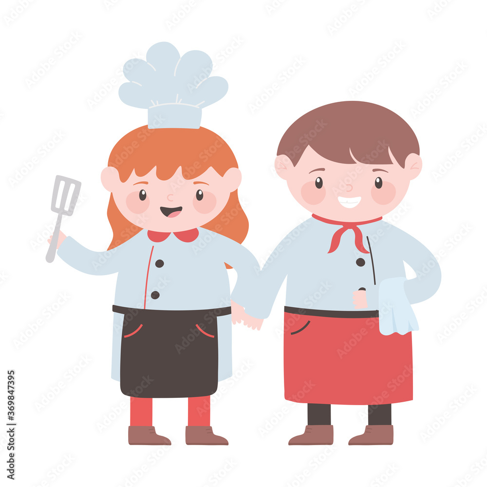 chef girl and waiter with apron cartoon character chef girl and waiter with apron cartoon character