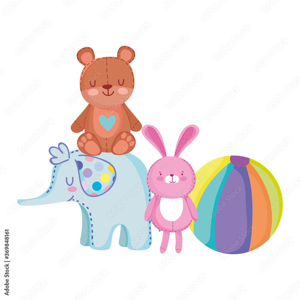toys object for small kids to play cartoon, teddy bear rabbit elephant ball