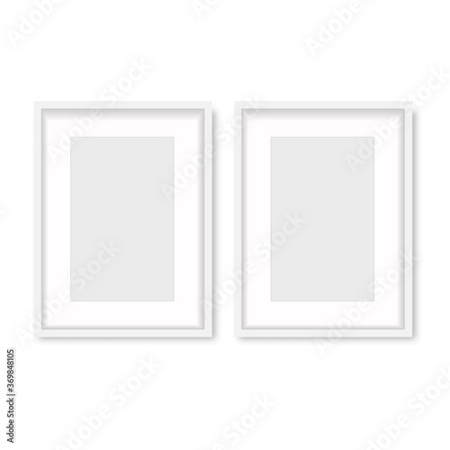 Realistic white wooden photo frame with soft shadow. Vector.