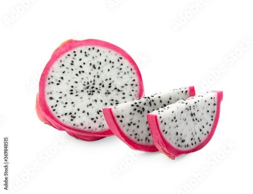 Delicious sliced dragon fruit (pitahaya) on white background