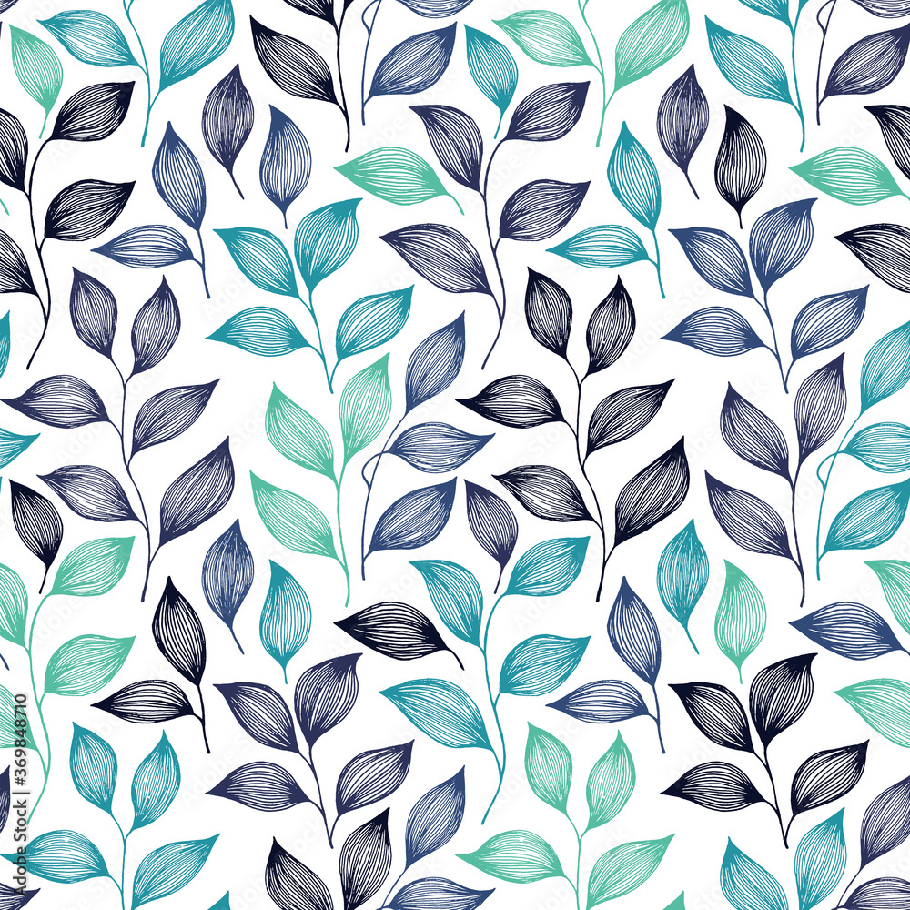 Tea leaves seamless pattern design. Herbal sketchy background Tea leaves seamless pattern design. Herbal sketchy background