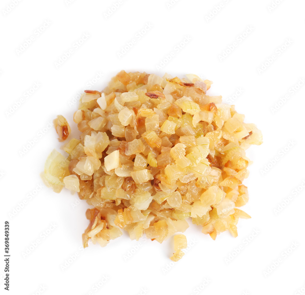 Pile of tasty fried onion isolated on white, top view Pile of tasty fried onion isolated on white, top view