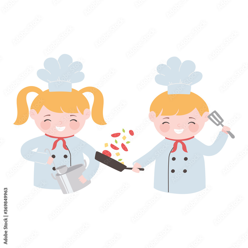 chefs girl and boy with ladle saucepan and vegetables cartoon character chefs girl and boy with ladle saucepan and vegetables cartoon character
