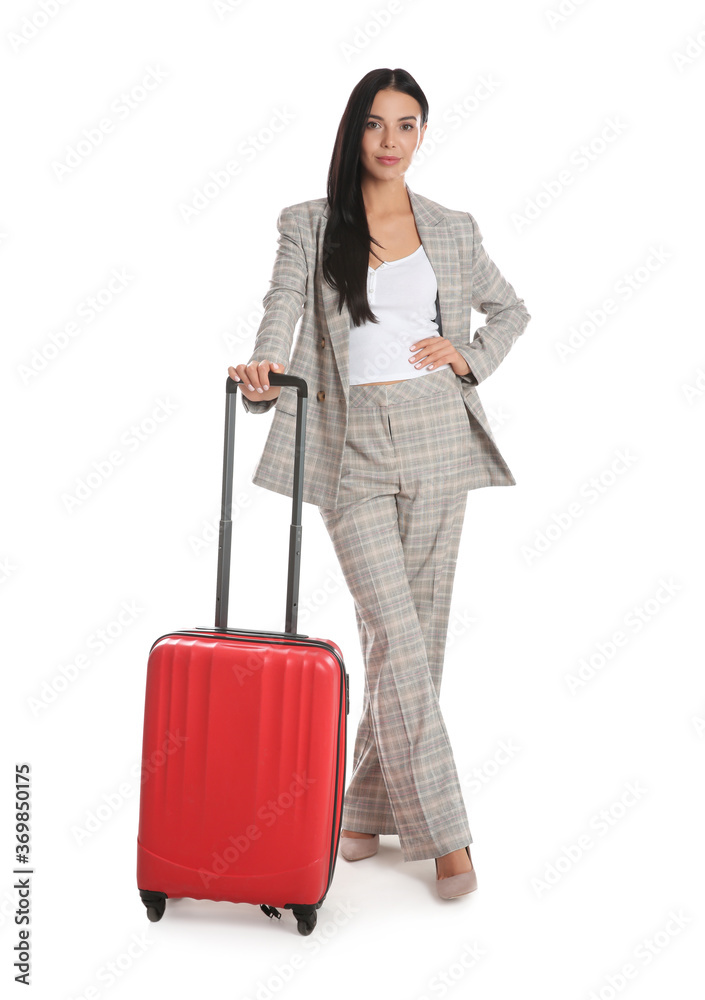 Businesswoman with suitcase for vacation trip on white background. Summer travelling Businesswoman with suitcase for vacation trip on white background. Summer travelling