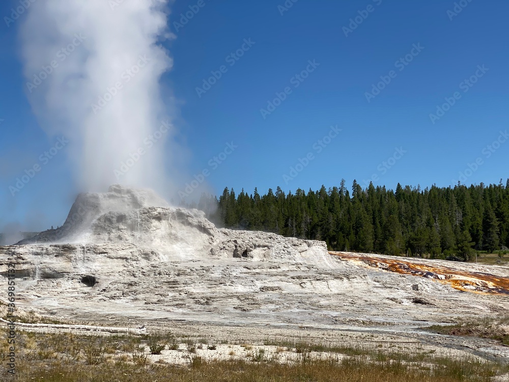 Castle Geyser Erupting Against A Blue Sky Castle Geyser Erupting Against A Blue Sky