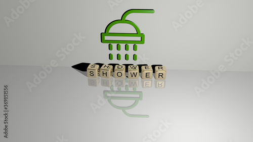 3D illustration of shower graphics and text made by metallic dice letters for the related meanings of the concept and presentations. baby and background