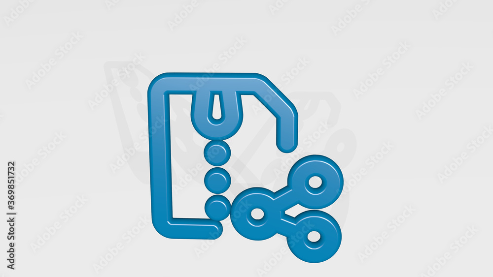 ZIP FILE SHARE stand with shadow. 3D illustration of metallic sculpture over a white background with mild texture. line and icon ZIP FILE SHARE stand with shadow. 3D illustration of metallic sculpture over a white background with mild texture. line and icon
