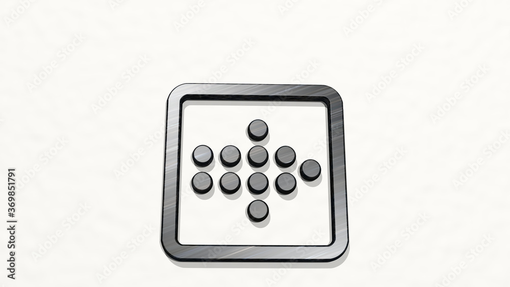 ARROW DOT RIGHT on the wall. 3D illustration of metallic sculpture over a white background with mild texture. icon and design ARROW DOT RIGHT on the wall. 3D illustration of metallic sculpture over a white background with mild texture. icon and design
