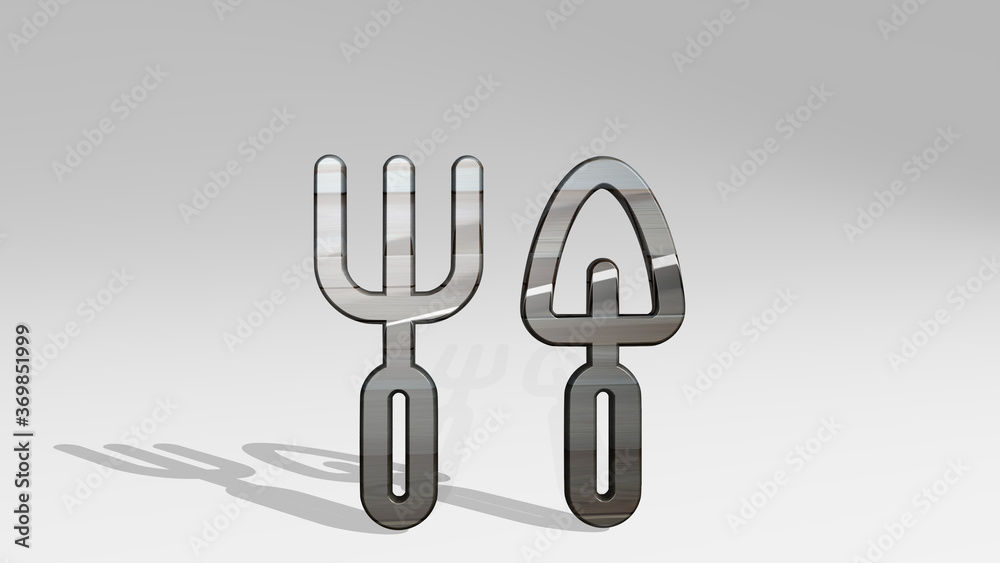 GARDENING TOOLS casting shadow with two lights. 3D illustration of metallic sculpture over a white background with mild texture. green and agriculture GARDENING TOOLS casting shadow with two lights. 3D illustration of metallic sculpture over a white background with mild texture. green and agriculture