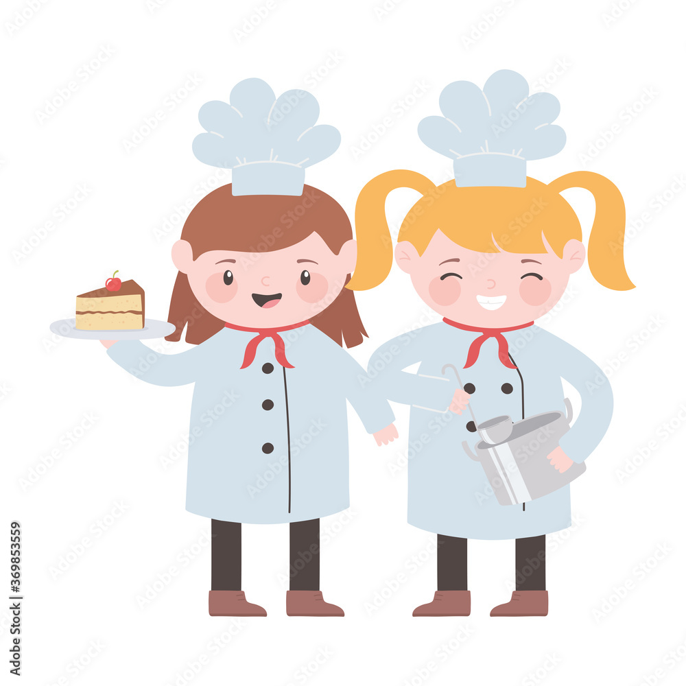 chefs girls with cake and pot kitchen cartoon character chefs girls with cake and pot kitchen cartoon character